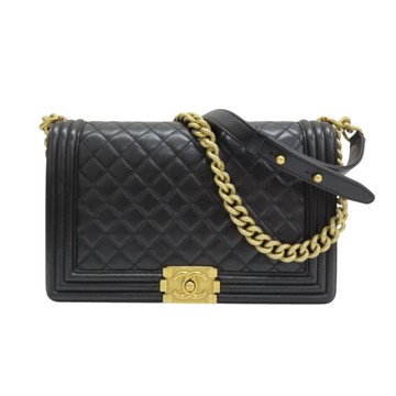 【二手名牌BRAND OFF】CHANEL 香奈兒 黑色 菱格紋 羊皮 BOY 28 鍊帶 肩背包 無卡 A92193