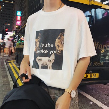 FINDSENSE H1 2018 夏季 日本 個性卡通 小狗 印花  T恤 潮流 寬鬆 短袖  時尚 男 體恤 上衣