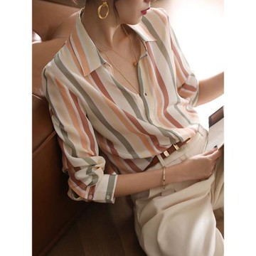 青島外貿專柜款女裝2023新款桑蠶絲知性條紋襯衫女春秋季真絲襯衣