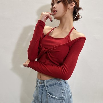 繞脖扭結假兩件罩杯上衣-紅【KT224763】