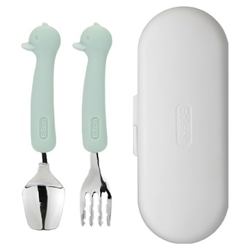 Edison 矽膠柄兒童餐具組 含圓形收納盒  鴨子 薄荷色  1組