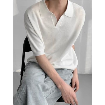 權一夏季慵懶針織翻領polo衫男高級感短袖T恤韓版寬松ins半袖潮女