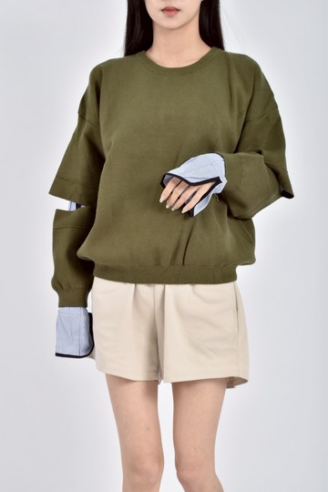 (XL) mila質感棉質假兩件綠色長袖上衣