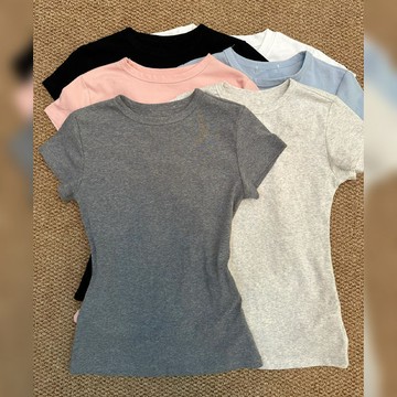 現貨在臺🌸韓系 純色套頭正肩T恤女 女裝 彈力短袖上衣女 灰色圓領t恤女 收腰顯瘦上衣 女裝夏純棉T恤