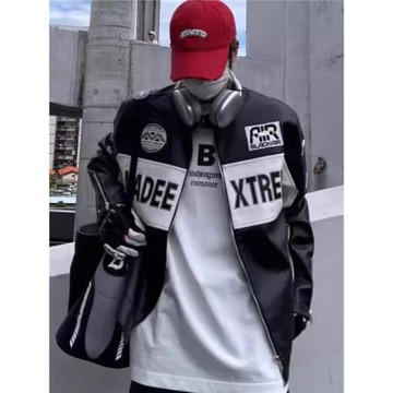 美式加厚PU皮賽車拉鏈機車刺繡棒球服潮牌寬松情侶裝夾克皮衣男女