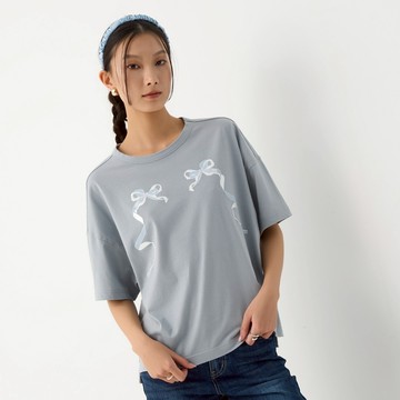 【ERSS】雙雙成對緞帶TEE-女 灰藍【K70358】