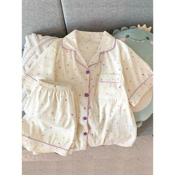 甜美彩色星星大碼睡衣女云朵純棉紗褶皺薄款家居服短袖短褲兩件套