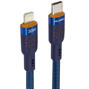 POLYWELL 寶利威爾 Type-C To Lightning 30W PD散熱洞洞快充線 PW15-W45-A400  1m  藍色  1條