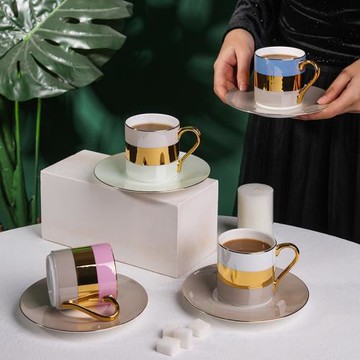 漂亮咖啡店杯子唯美咖啡杯珍珠釉珠光貼花條紋杯碟直身直筒220ML