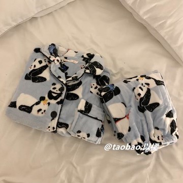 ins日系熊貓可愛睡衣女秋冬季新款珊瑚絨加厚法蘭絨網紅風家居服