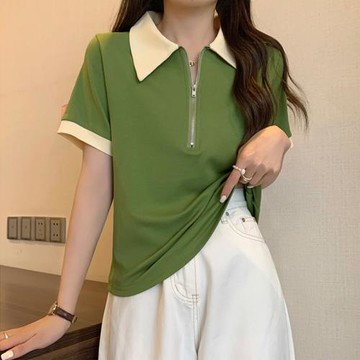 2023夏裝女網紅大碼半拉鏈撞色POLO領短袖T恤胖MM洋氣遮肚子上衣