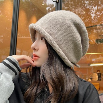 🏆臺灣熱賣好物🏆抽繩卷邊睡帽時尚百搭帽子女顯臉小大頭圍遮臉寬鬆針織毛線堆堆帽