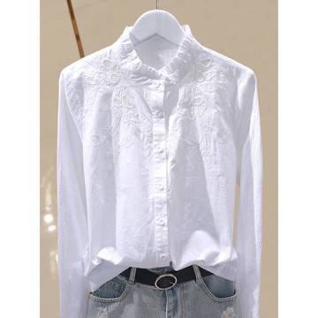 2025春季新款韓版木耳立領繡花收身棉布襯衣長袖打底衫顯瘦上衣女