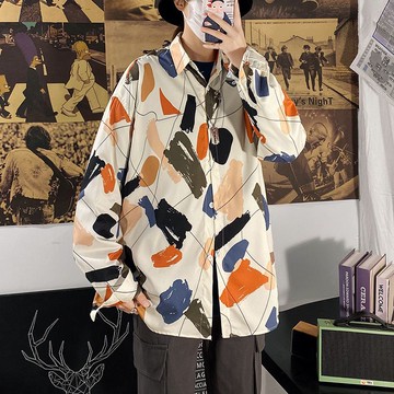 港風復古夏威夷滿印長袖vintage花襯衫男女 泰式雅痞情侶沙灘襯衫