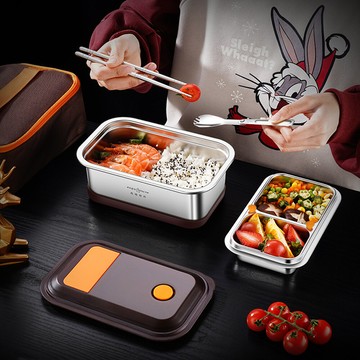 push!餐具廚房用品304不銹鋼雙層分格飯盒餐盒學生上班族便攜可微波爐加熱飯盒e188