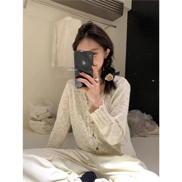 溫柔風木耳邊V領針織開衫女裝2024新款春秋季設計感小眾短款毛衣