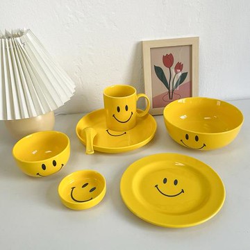 ins風少女心黃色笑臉陶瓷碗馬克杯甜品盤早餐沙拉泡面碗耐高溫
