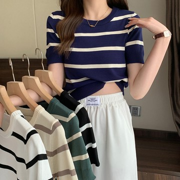 韓版圓領條紋顯瘦針織上衣【T457】
