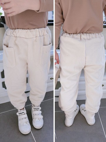 秋冬季新款男女童純色坑條紋束腳褲 中小童寬松百搭舒適長褲1入