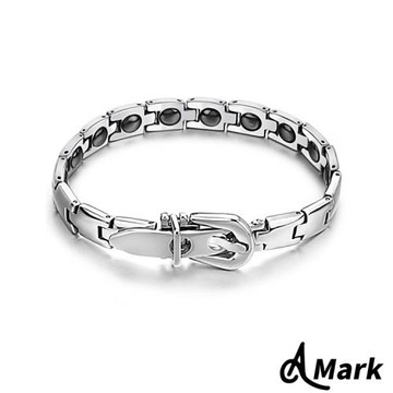 【A MARK】皮帶造型鈦鋼鑲嵌黑膽磁石手鍊 男款
