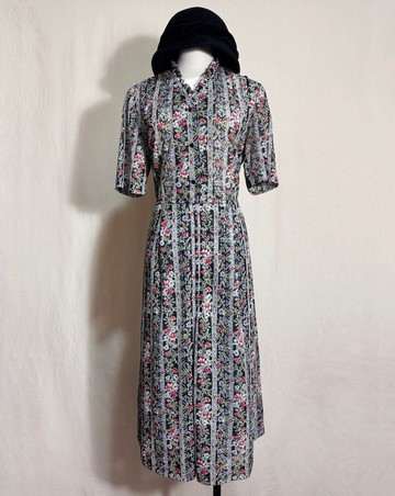 荷葉領花朵短袖古著洋裝/ 國外帶回 VINTAGE