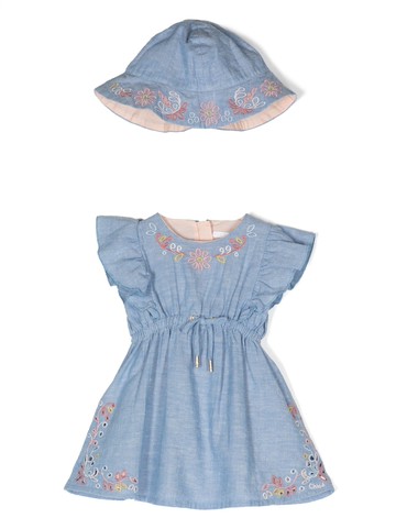 Chloé Kids - floral-embroidered chambray dress set - kids - Cotton - 12 - Blue