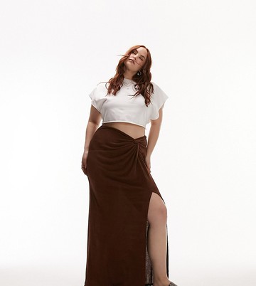 Topshop Curve slinky twist front maxi skirt in chocolate-Brown