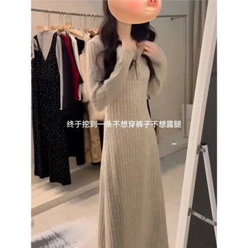 大碼胖mm加絨長袖針織連衣裙女冬季獨特氣質收腰顯瘦梨型身材裙子