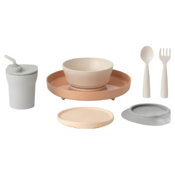 Miniware 天然聚乳酸小食客兒童學習餐具  麥片碗 + 麵包盤 + 矽膠吸盤 + 矽膠上蓋 + 叉匙組 + 水杯組  芝麻暖棕  1組