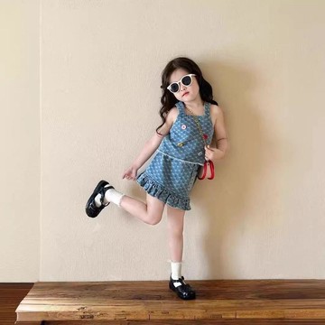 Mini baby🌷夏季女童牛仔背心半裙套裝女寶寶鈕釦吊帶木耳邊裙子兩件套