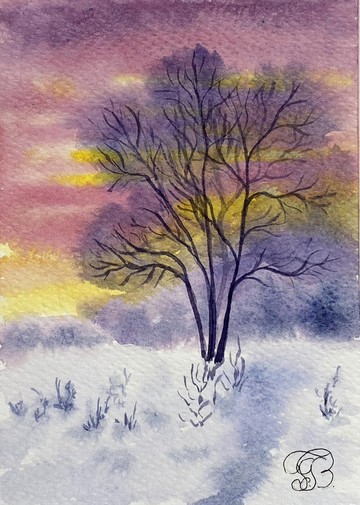 冬日景緻水彩迷你畫收藏藝術卡