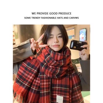 紅色過年圍巾女款2026新款冬格子護頸圍脖保暖百搭新年韓系高級感