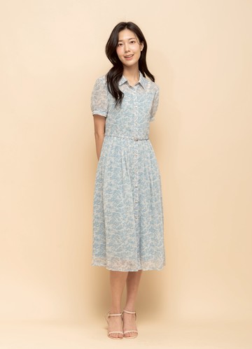 清新恬淡印花雪紡洋裝（附腰帶）