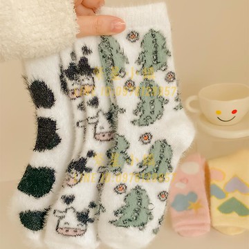 卡通水貂絨襪子女秋冬加絨加厚保暖可愛毛毛居家地板襪月子睡眠襪【繁星小鎮】