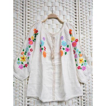 泰國波西米亞純棉手工五彩繡花寬松長袖衫勾編文藝小清新套頭襯衫