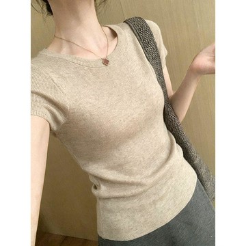 韓系鬆弛感圓領針織短袖女夏彈力修身顯瘦內搭外穿基礎小衫短款短T夏季上衣 素T 純色 簡約基礎款 顯瘦 氣質