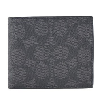 COACH 緹花C LOGO 對開男短夾(黑灰)