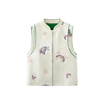 艾格新中式刺繡馬甲女春秋2025新款小個子立領改良國風背心兩面穿