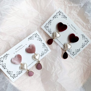 手作風精致愛心串珠絲絨法式少女感耳鉤耳夾耳環耳飾1入