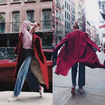 酒紅色風衣中長款過膝歐美明星同新款開叉休閑秋冬外套大衣女