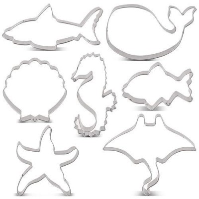 LILIAO 海底クッキーカッターセット - 7ピース - サメ、クジラ、魚、マンタ、ヒトデ、貝殻、タツノオトシゴ ビスケットフォンダンカッター -