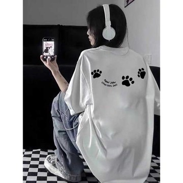 純棉白色正肩短袖t恤女2025新款夏季美式寬松高街潮牌設計感上衣