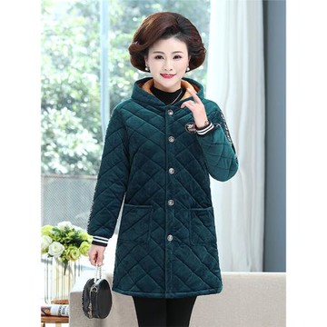 冬季加絨加厚款棉衣棉服罩衣女式金絲絨外套中老年媽媽款帶帽棉襖