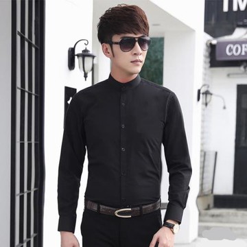 黑色襯衫男立領青年中國風圓領長袖襯衣韓版修身發型師休閑男裝潮