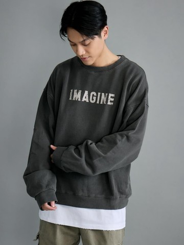 IMAGINE文字水洗仿舊毛巾紡大學T (水泥灰)