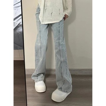 美式復古顯瘦闊腿牛仔褲女春夏薄款高腰設計感小眾直筒微喇長褲子