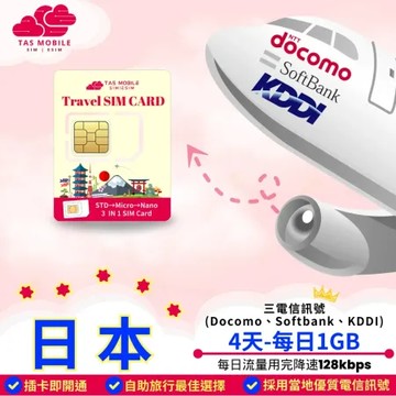 【TAS Travel SIM】日本上網卡 三電信 4天/每日1GB 總量無限吃到飽