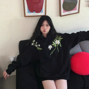 國潮牌復古刺繡花卉字母連帽衛衣女男春秋薄款冬加絨oversize上衣