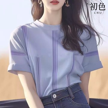 初色 韓系圓領落肩袖短袖撞色條紋T恤上衣女上衣-藍色-36633(M-2XL可選)