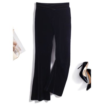 休閑闊腿褲女高級感 23年春秋季新款金絲絨松緊高腰鑲鉆微喇長褲